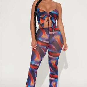 Fashion Nova Multicolor Wave-Print Bootcut Jumpsuit